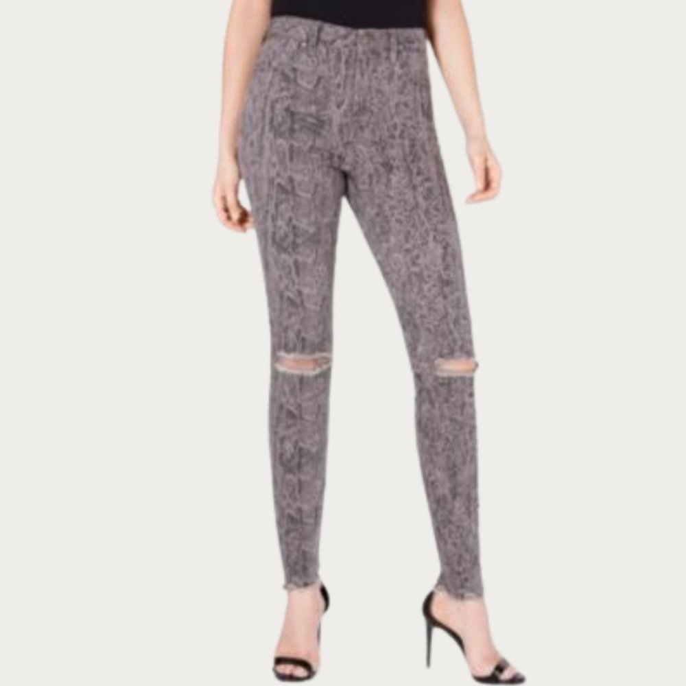 4 What It's Worth Womens Juniors Snake Print Ripped Skinny Jeans